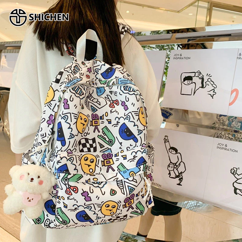 SHI CHEN Ba Lô Đi Học Sức Chứa Lớn Họa Tiết Graffiti Dễ Thương Phong Cách Harajuku Nhật Bản