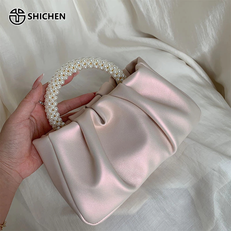 SHI CHEN Túi Đeo Chéo mini Đựng Điện Thoại Xếp Ly Ngọc Trai Thời Trang Nữ Tính Ngọt Ngào Dễ Phối Đồ Dùng Khi Làm Việc