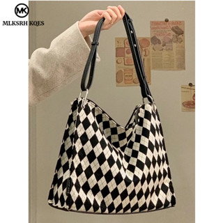 MLKSRH KQES Túi Xách Đeo Vai / Kẹp Nách Chất Liệu Canvas Sức Chứa Lớn Họa Tiết Hình Thoi Màu Trắng Đen Thời Trang Cao Cấp 2022
