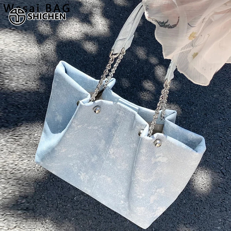 SHI CHEN Túi Xách tote Vải denim Xanh Dương Mực Phối Dây Xích Chất Lượng Cao Dễ Phối Đồ Thời Trang Thường Ngày