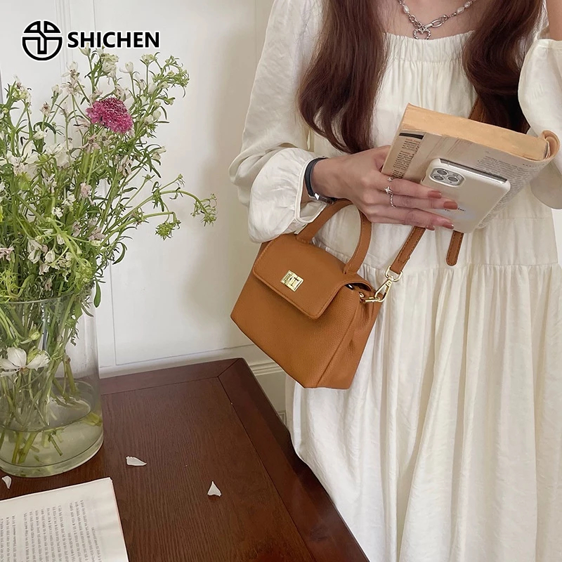 SHI CHEN Túi Đeo Vai Hình Vuông Nhỏ Màu Trơn Chất Liệu pu Mềm Mại Phong Cách Phương Tây Cổ Điển Dễ Phối Đồ Thời Trang