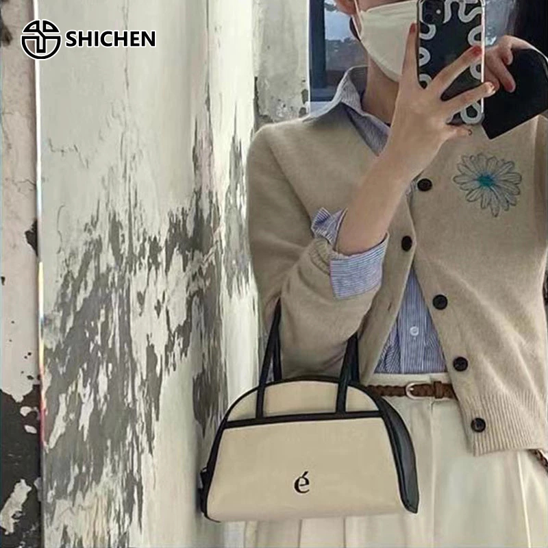 SHI CHEN Túi canvas Da Khối Màu Tương Phản Thiết Kế Nửa Mặt Trăng Thời Trang Hàn Quốc Giải Trí Đơn Giản