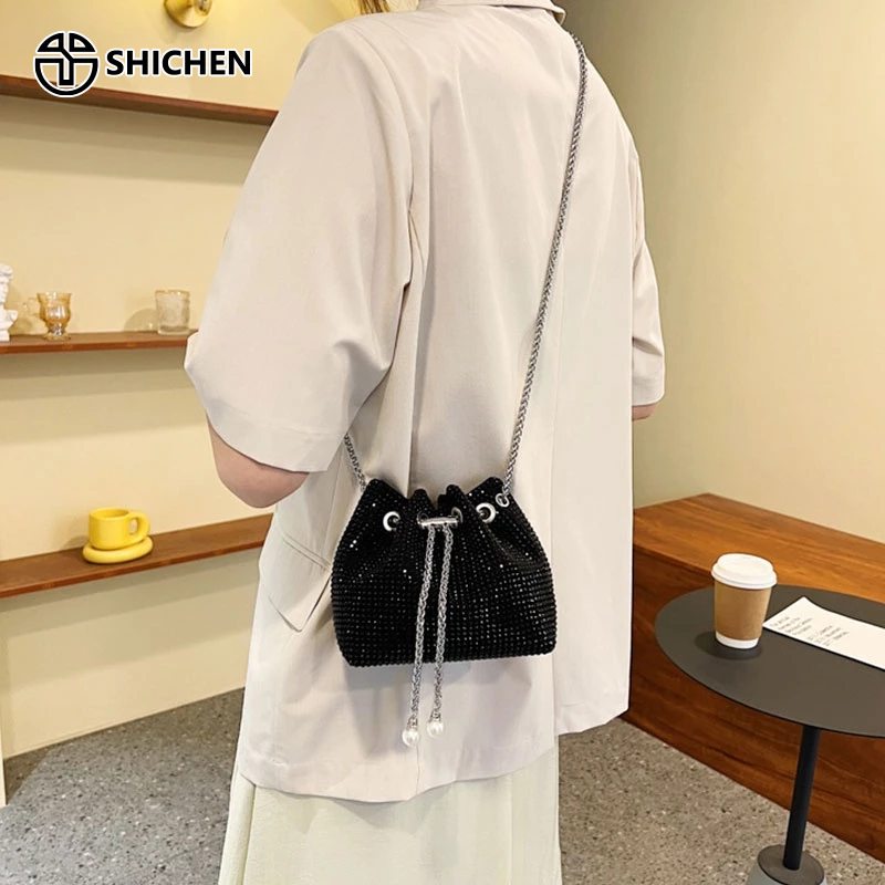 SHI CHEN Túi Xách Dạng Xô Đính Đá Phối Dây Xích Đeo Vai Thời Trang Xu Hướng Công Sở Cho Nữ