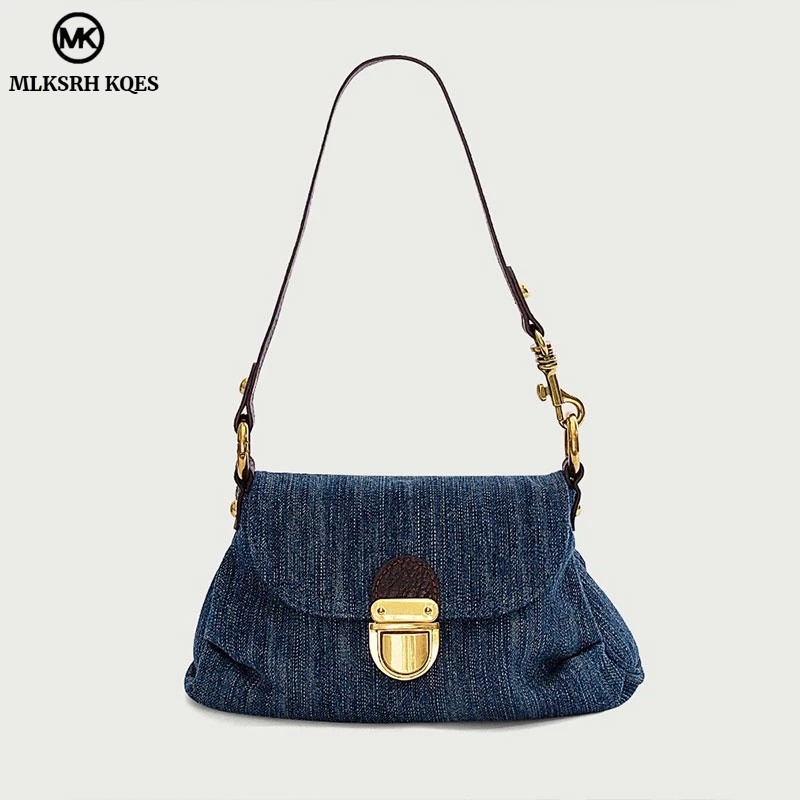 MLKSRH KQES Túi Đeo Chéo denim Màu Sắc Cổ Điển Cao Cấp Kết Cấu niche Có Khóa Cài Xếp Ly