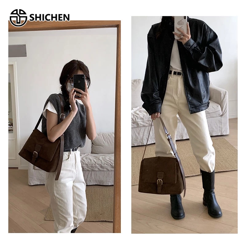 SHI CHEN Túi Đeo Vai Sức Chứa Lớn Bằng Da Lộn Phong Cách Hàn Quốc Cổ Điển Thời Trang Hàng Mới Dành Cho Bạn Nữ