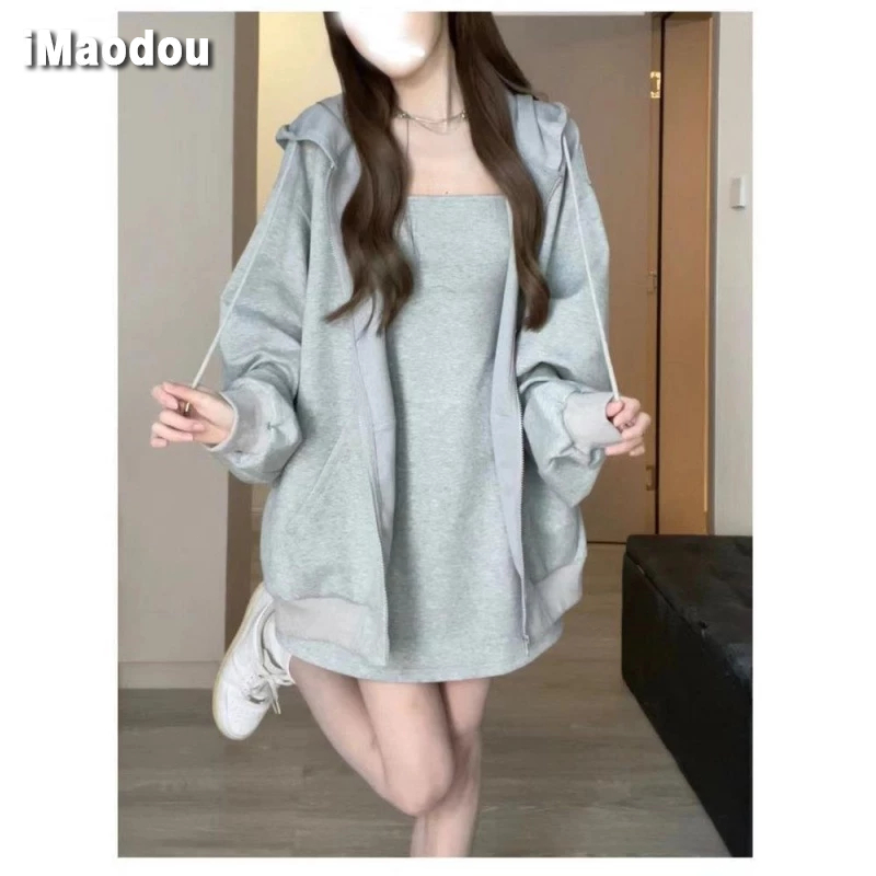 IMAODOU Set Áo Nỉ Dài Tay Cổ Tròn + Chân Váy Yếm Thời Trang Nữ