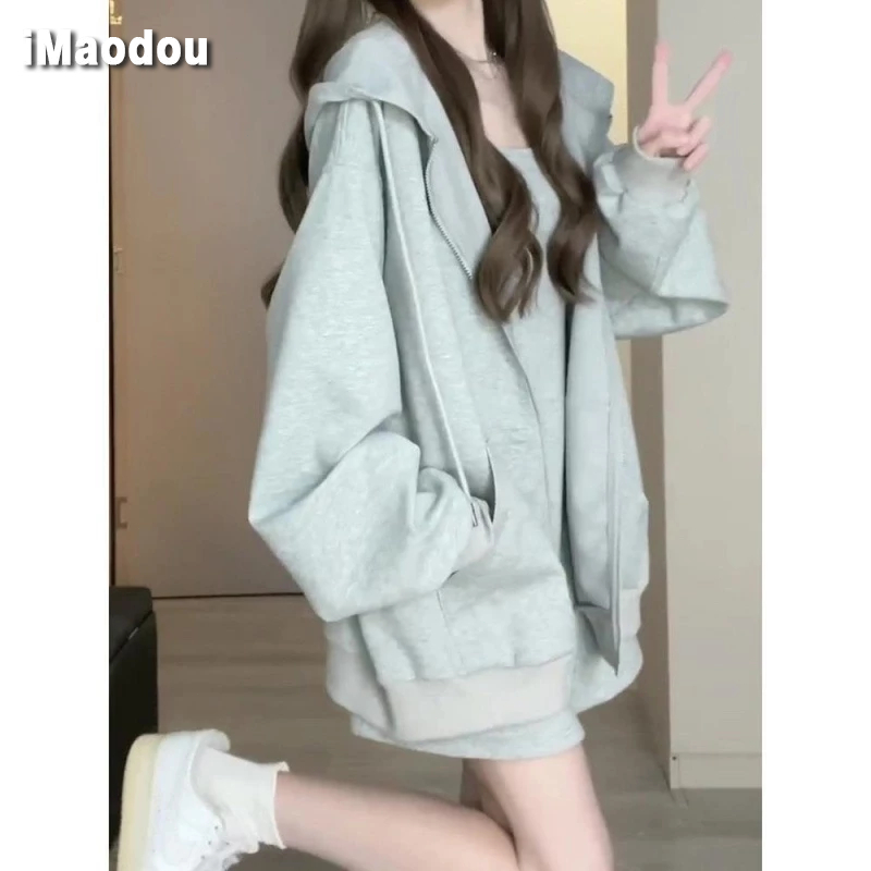 IMAODOU Set Áo Nỉ Dài Tay Cổ Tròn + Chân Váy Yếm Thời Trang Nữ