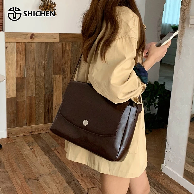 SHI CHEN Túi Đeo Chéo Da pu Màu Trơn Cỡ Lớn Phong Cách retro