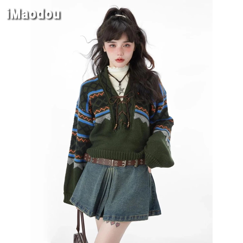 IMAODOU Bộ Áo sweater Cổ Chữ v + Chân váy jean Ngắn Phong Cách Nhật Bản Thời Trang Mùa Thu Mới 2023 Dành Cho Bạn Nữ