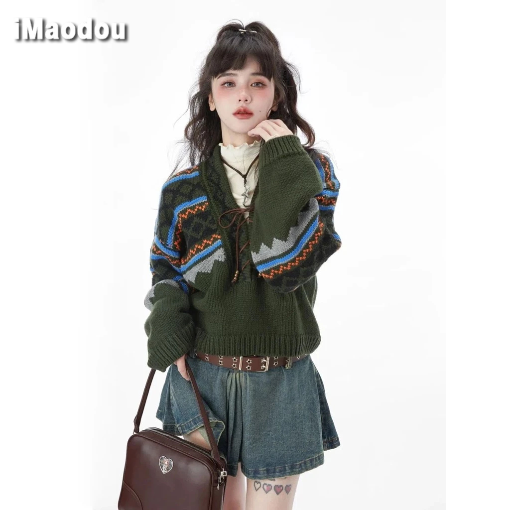 IMAODOU Bộ Áo sweater Cổ Chữ v + Chân váy jean Ngắn Phong Cách Nhật Bản Thời Trang Mùa Thu Mới 2023 Dành Cho Bạn Nữ