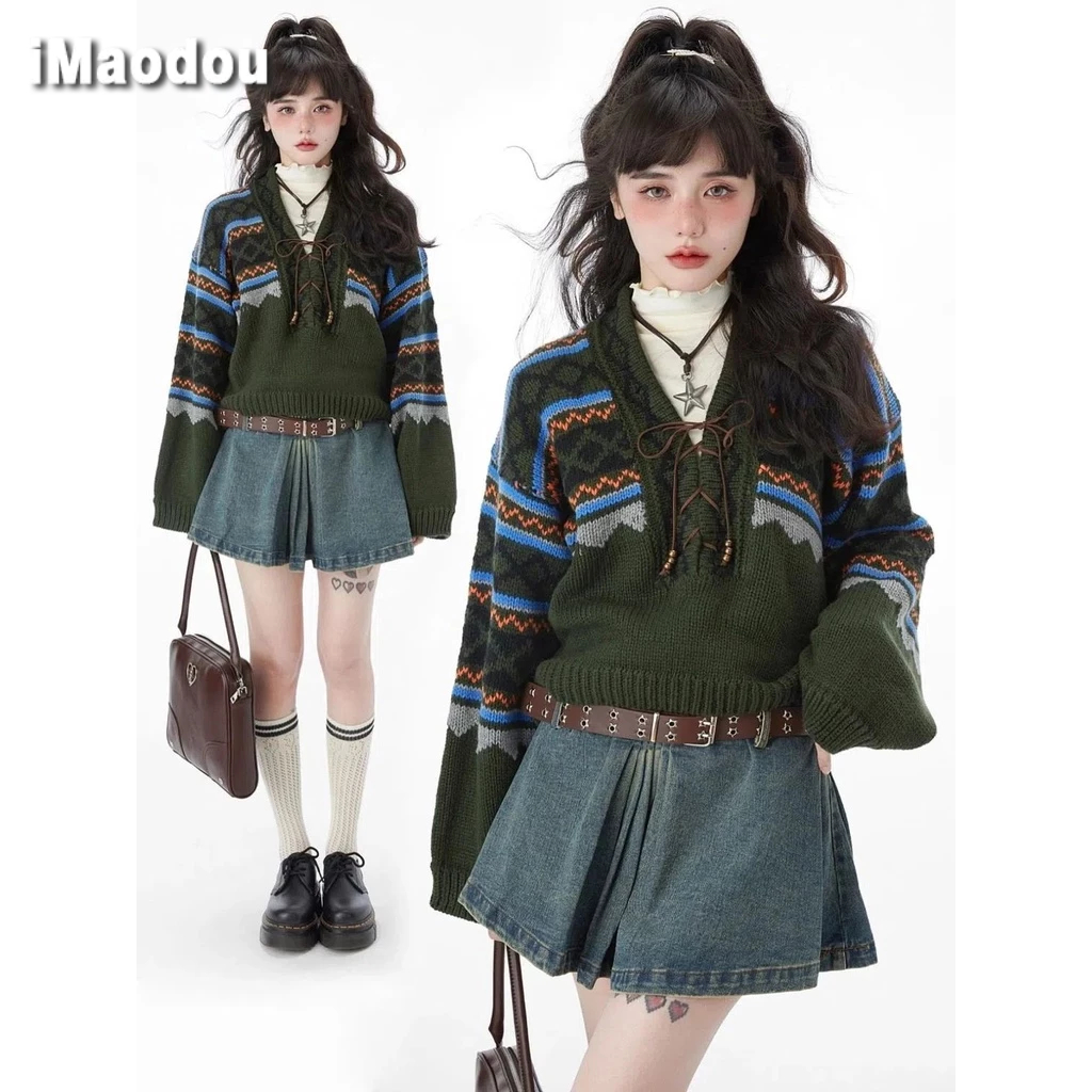 IMAODOU Bộ Áo sweater Cổ Chữ v + Chân váy jean Ngắn Phong Cách Nhật Bản Thời Trang Mùa Thu Mới 2023 Dành Cho Bạn Nữ