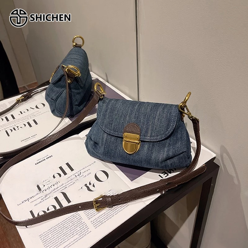 Túi đeo chéo SHICHEN màu denim xếp nếp phối khóa cài cổ điển thiết kế đơn giản thời trang dễ phối đồ
