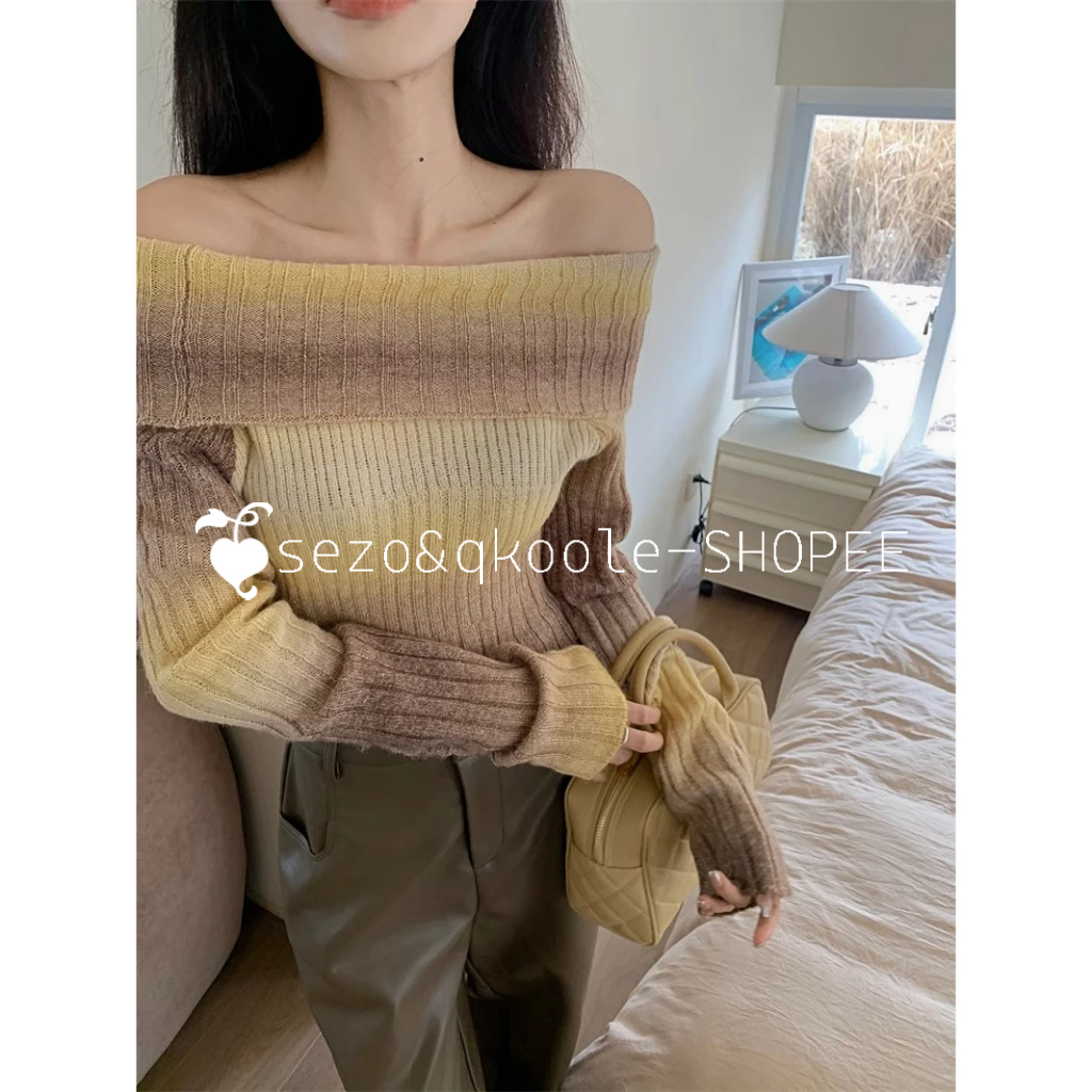 QKOOLE Áo Croptop Trễ Vai Tay Dài Phong Cách Hàn Quốc Mới 2023