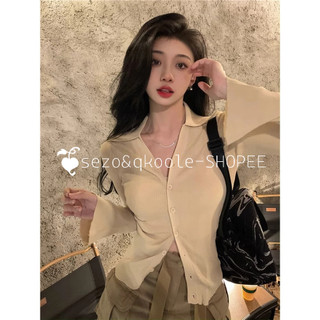 QKOOLE Áo sweater Áo Croptop Dệt Kim Tay Loe Dài Cổ Chữ v Màu Trơn Thời Trang Hàn Quốc Cho Nữ