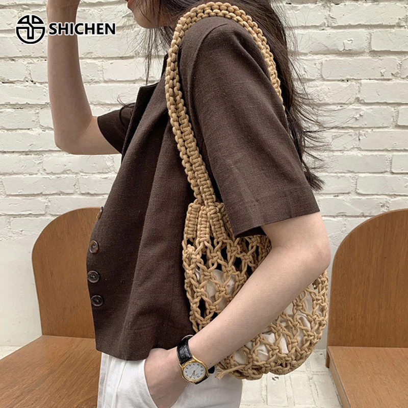 SHI CHEN Túi Lưới Cotton Đeo Vai Đi Biển Mùa Hè (Có Túi Bên Trong)