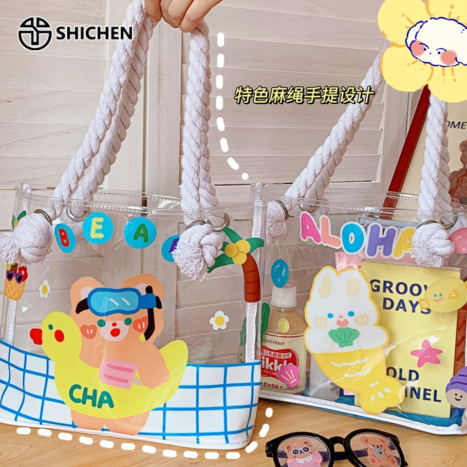 Túi Xách Tay Trong Suốt Sức Chứa Lớn In Họa Tiết Hoạt Hình Chú Gấu Dễ Thương Thời Trang Mùa Hè