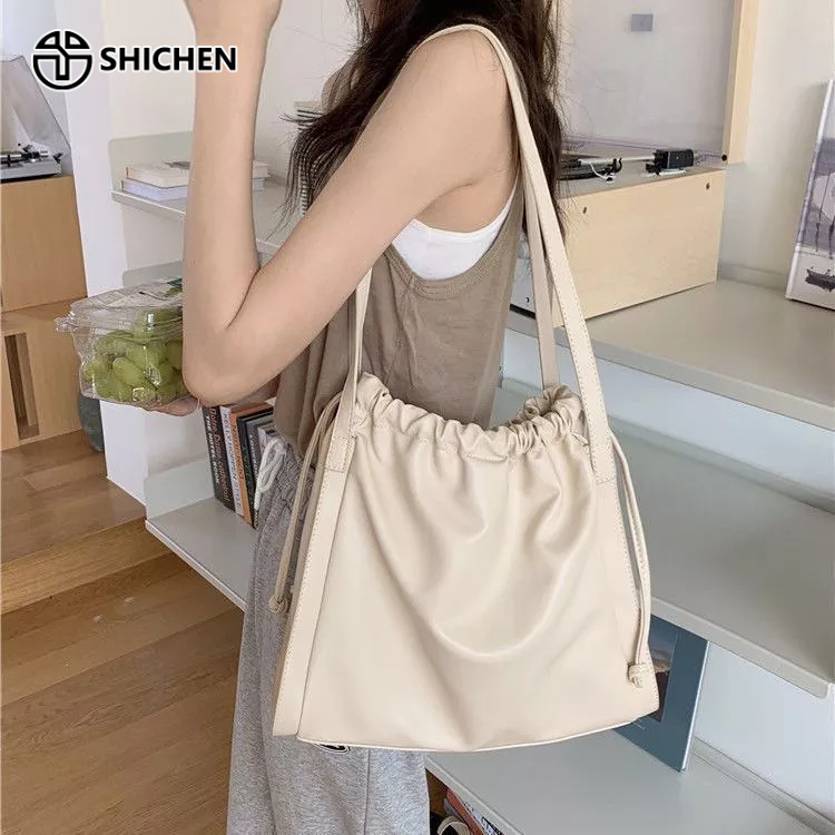 SHI CHEN Túi Xách Dây Rút Một Bên Vai Sức Chứa Lớn Màu Trơn Đơn Giản Phong Cách Mới Cho Nữ