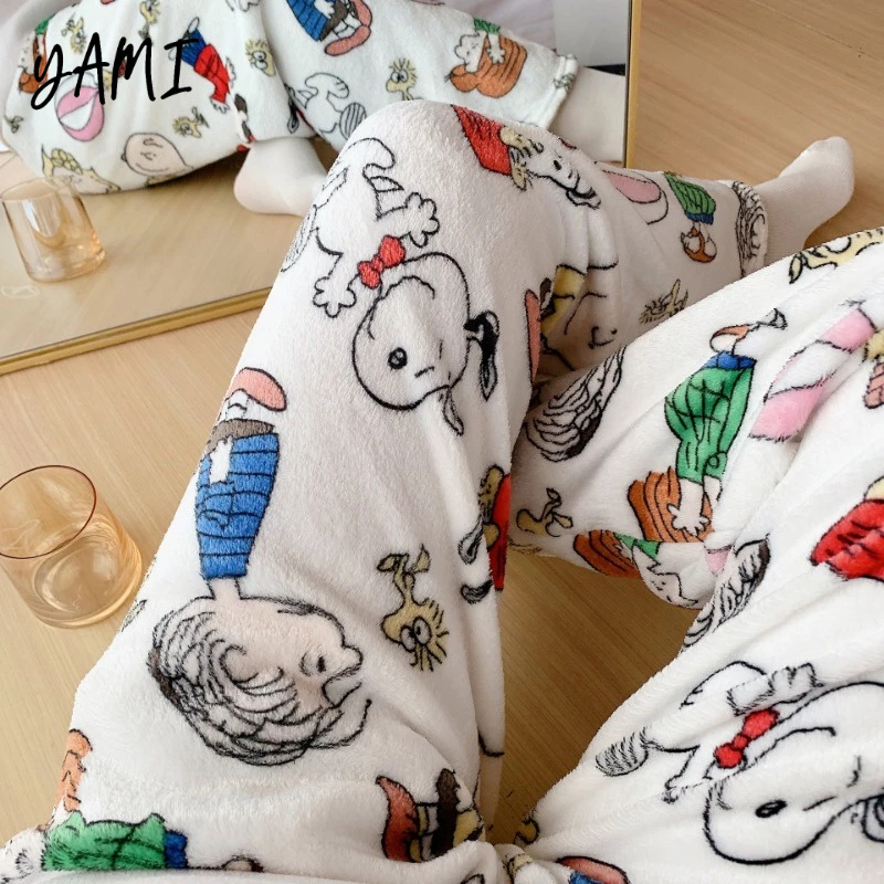 YAMI Quần ngủ nữ vải lông cừu san hô dày dáng hoạt hình Dễ thương đồ mặc nhà cute