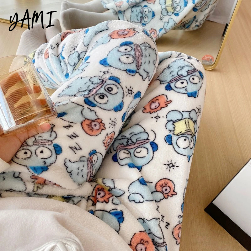 YAMI Quần ngủ nữ vải lông cừu san hô dày dáng hoạt hình Dễ thương đồ mặc nhà cute