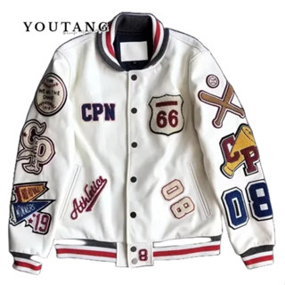 YOUTANG Mới Áo Khoác Bóng Chày Da pu Ngắn Dáng Rộng Thêu Họa Tiết Công Nghiệp Nặng Cho Nam Và Nữ