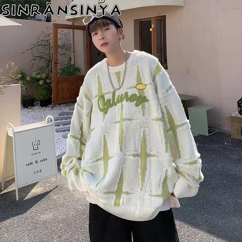 Sinransinya Áo sweater Dệt Kim Dày Dáng Rộng In Hình Ngôi Sao Cao Cấp Kiểu retro Mỹ Đường Phố Cho Nam Và Nữ