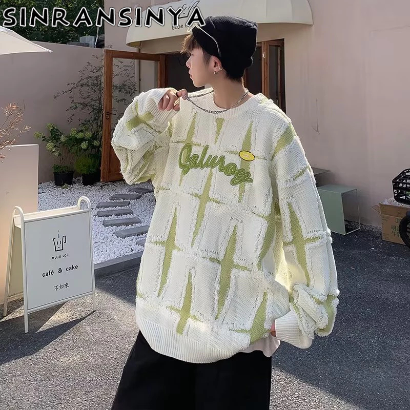 Sinransinya Áo sweater Dệt Kim Dày Dáng Rộng In Hình Ngôi Sao Cao Cấp Kiểu retro Mỹ Đường Phố Cho Nam Và Nữ