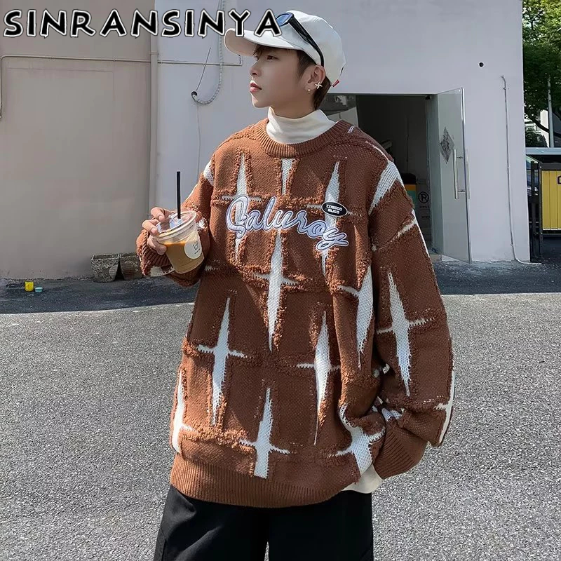 Sinransinya Áo sweater Dệt Kim Dày Dáng Rộng In Hình Ngôi Sao Cao Cấp Kiểu retro Mỹ Đường Phố Cho Nam Và Nữ