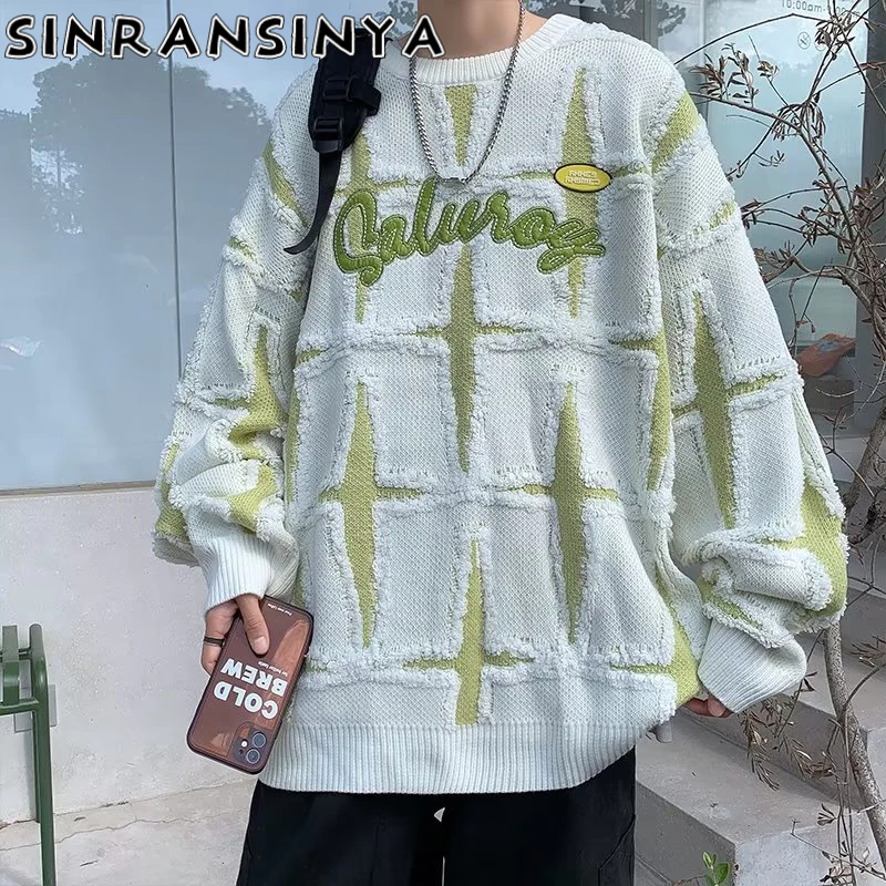 Sinransinya Áo sweater Dệt Kim Dày Dáng Rộng In Hình Ngôi Sao Cao Cấp Kiểu retro Mỹ Đường Phố Cho Nam Và Nữ