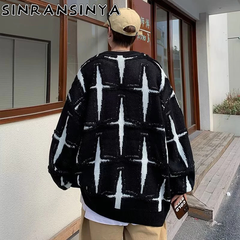 Sinransinya Áo sweater Dệt Kim Dày Dáng Rộng In Hình Ngôi Sao Cao Cấp Kiểu retro Mỹ Đường Phố Cho Nam Và Nữ