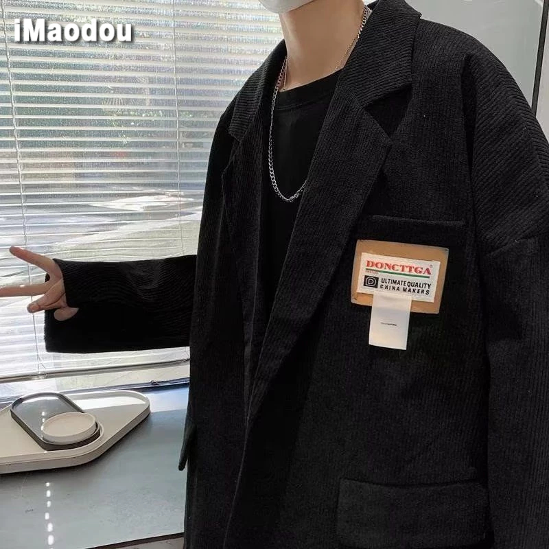 IMaodou Áo Khoác blazer Vải Nhung Kẻ Dáng Rộng Phong Cách retro hong kong Cho Nam Giới