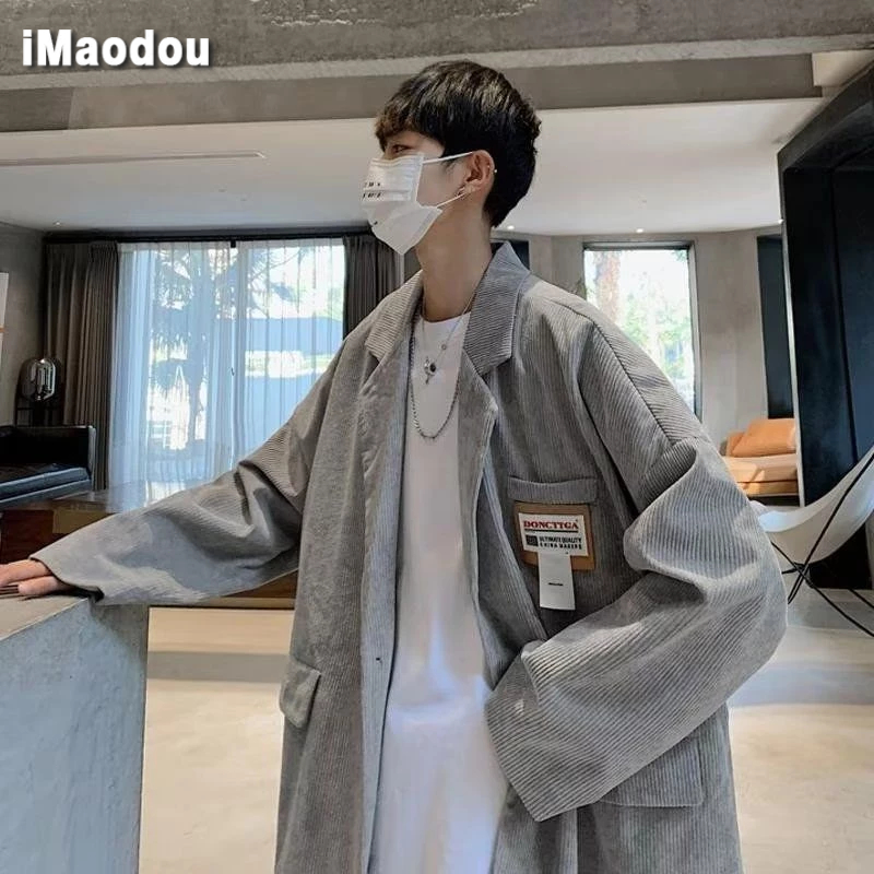 IMaodou Áo Khoác blazer Vải Nhung Kẻ Dáng Rộng Phong Cách retro hong kong Cho Nam Giới