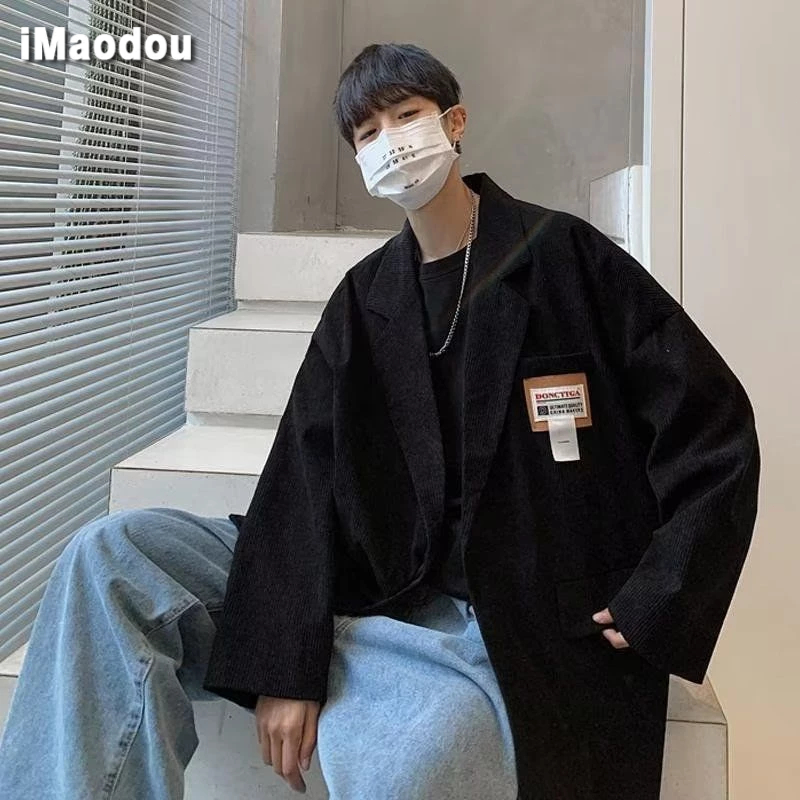 IMaodou Áo Khoác blazer Vải Nhung Kẻ Dáng Rộng Phong Cách retro hong kong Cho Nam Giới