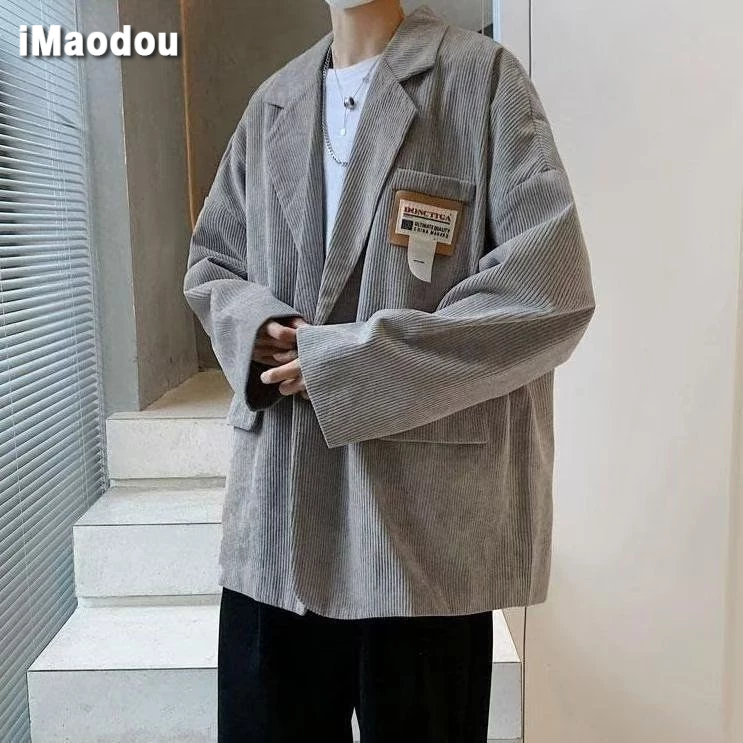 IMaodou Áo Khoác blazer Vải Nhung Kẻ Dáng Rộng Phong Cách retro hong kong Cho Nam Giới