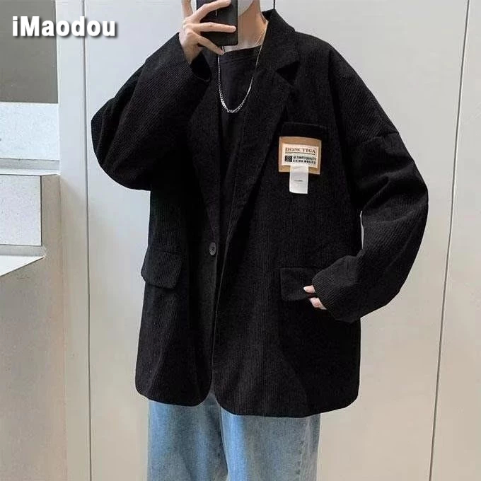 IMaodou Áo Khoác blazer Vải Nhung Kẻ Dáng Rộng Phong Cách retro hong kong Cho Nam Giới