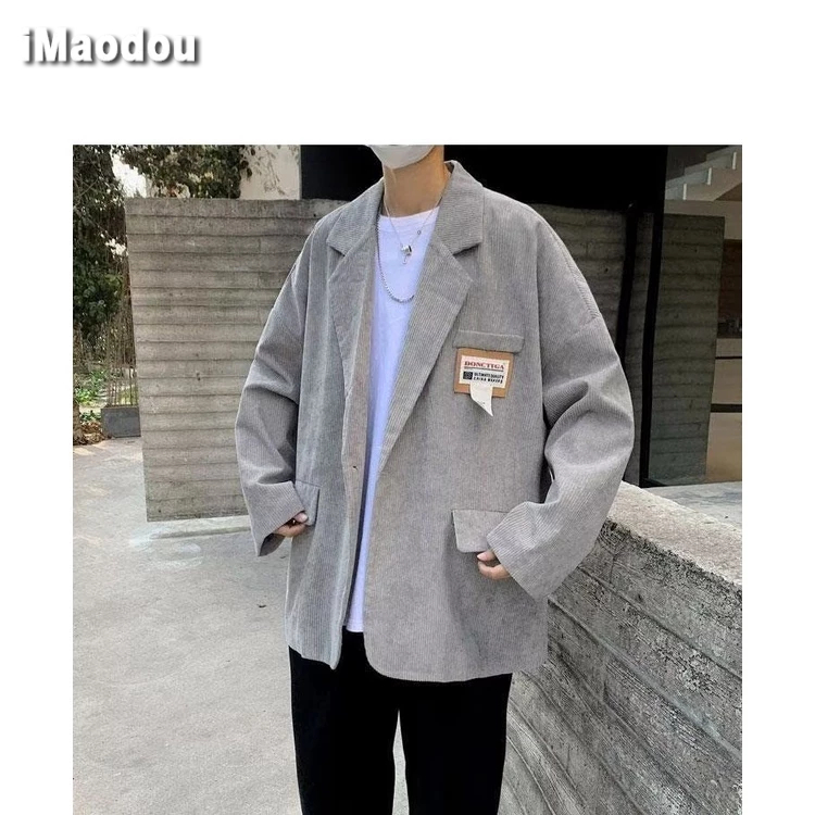 IMaodou Áo Khoác blazer Vải Nhung Kẻ Dáng Rộng Phong Cách retro hong kong Cho Nam Giới