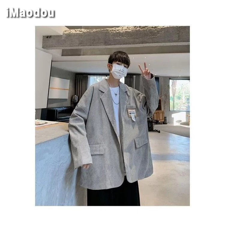IMaodou Áo Khoác blazer Vải Nhung Kẻ Dáng Rộng Phong Cách retro hong kong Cho Nam Giới