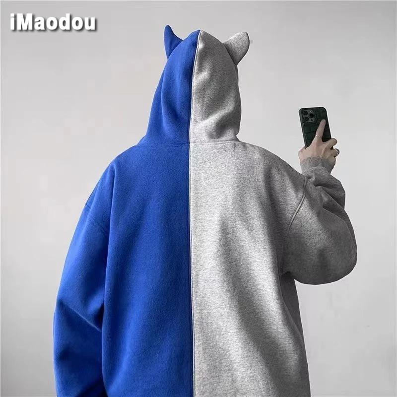 IMaodou Áo Hoodie Dáng Rộng Phối Màu Sắc Tương Phản Phong Cách hong kong Thời Trang Thu Đông Cho Nam