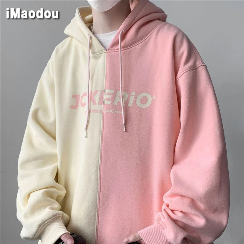 IMaodou Áo Hoodie Dáng Rộng Phối Màu Sắc Tương Phản Phong Cách hong kong Thời Trang Thu Đông Cho Nam