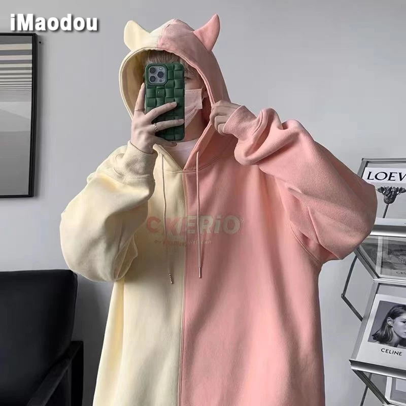 IMaodou Áo Hoodie Dáng Rộng Phối Màu Sắc Tương Phản Phong Cách hong kong Thời Trang Thu Đông Cho Nam