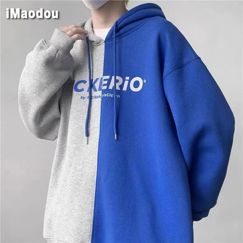 IMaodou Áo Hoodie Dáng Rộng Phối Màu Sắc Tương Phản Phong Cách hong kong Thời Trang Thu Đông Cho Nam