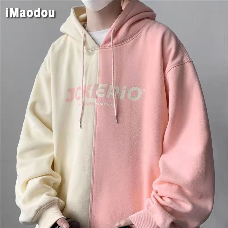 IMaodou Áo Hoodie Dáng Rộng Phối Màu Sắc Tương Phản Phong Cách hong kong Thời Trang Thu Đông Cho Nam