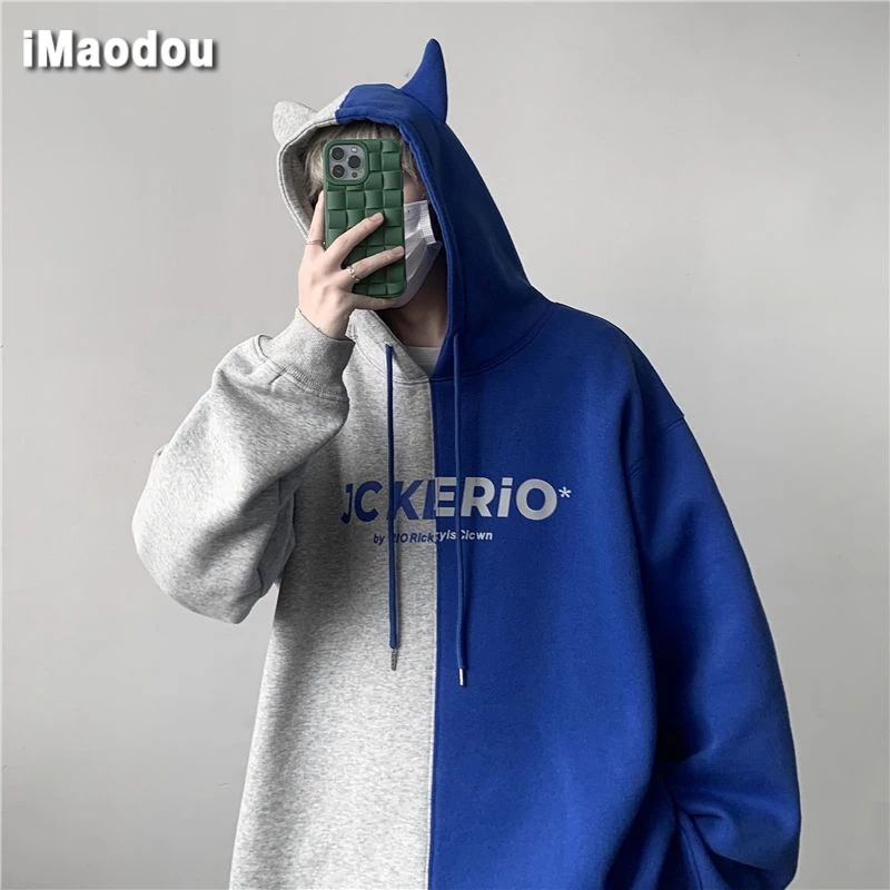 IMaodou Áo Hoodie Dáng Rộng Phối Màu Sắc Tương Phản Phong Cách hong kong Thời Trang Thu Đông Cho Nam
