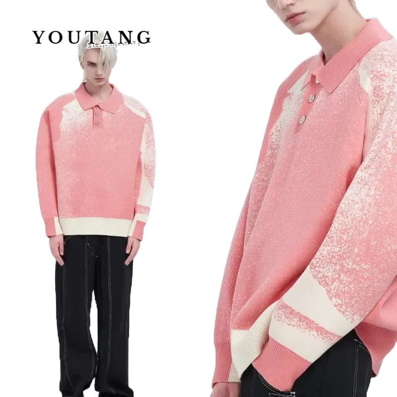YOUTANG Áo sweater Dệt Kim Chui Đầu Tay Dài Cổ Bẻ Họa Tiết Chấm Bi Màu Hồng Và Trắng gradient Không Đều