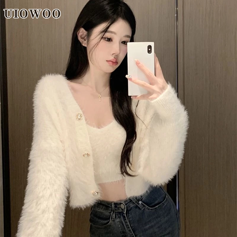 Uiowoo Áo Khoác cardigan Dệt Kim Mềm Mại Dáng Ngắn Thời Trang Mùa Đông Quyến Rũ