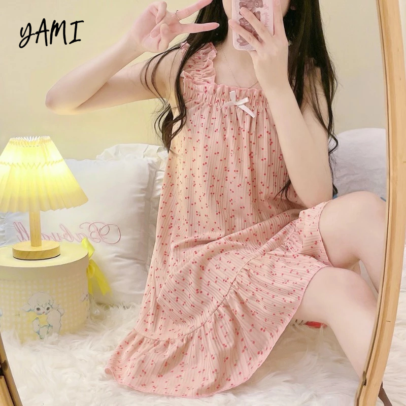 Đầm ngủ hai dây XUNKOUNH dáng rộng họa tiết quả cherry dễ thương thời trang mùa hè cho nữ