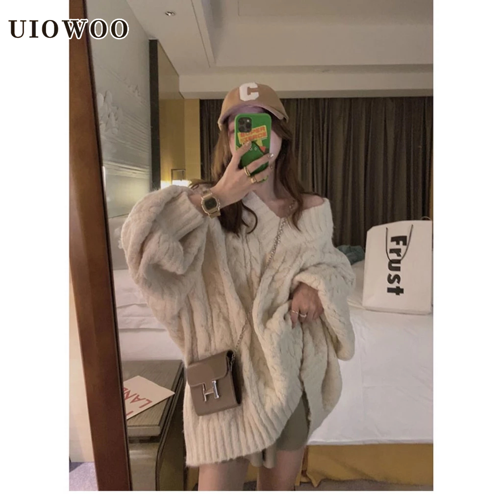 Uiowoo Áo sweater Cổ Chữ v Dáng Rộng Chất Vải Dày Mềm Mại Thời Trang Thu Đông 2023 Cho Nữ