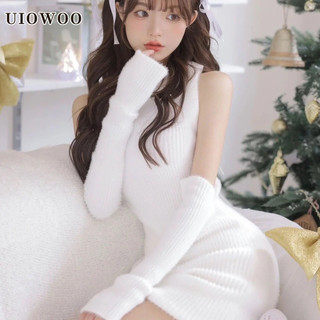 Uiowoo Đầm sweater Dệt Kim Giả Lông Chồn Dáng Ôm Gợi Cảm Thời Trang Thu Đông váy