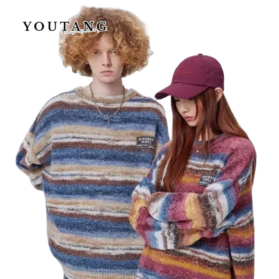 YOUTANG Áo sweater Dệt Kim Cổ Tròn Họa Tiết Kẻ Sọc Màu Tương Phản Thời Trang Mùa Thu Mới Phong Cách Trung Hoa Cổ Điển Dành Cho Cặp Đôi