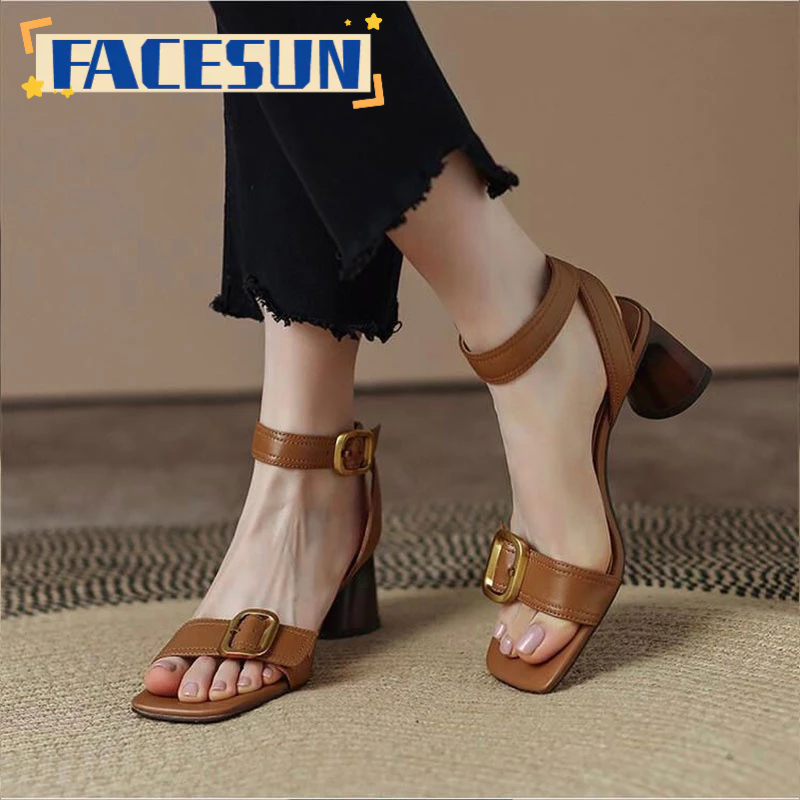 Facesun Giày Cao Gót Mũi Vuông Hở Ngón Phối Khóa Kéo Sau Phong Cách retro Thanh Lịch Mùa Hè Dành Cho Nữ