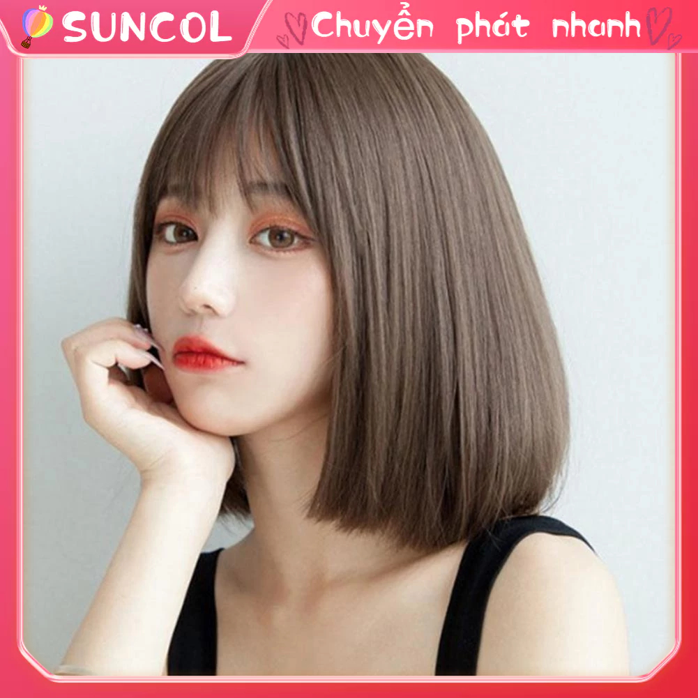 Phụ Nữ Tóc Giả Ngắn Thẳng Thời Trang Ngọt Tự Làm Bob Màu Nâu Đậm Cho Bé Gái SUNCOL